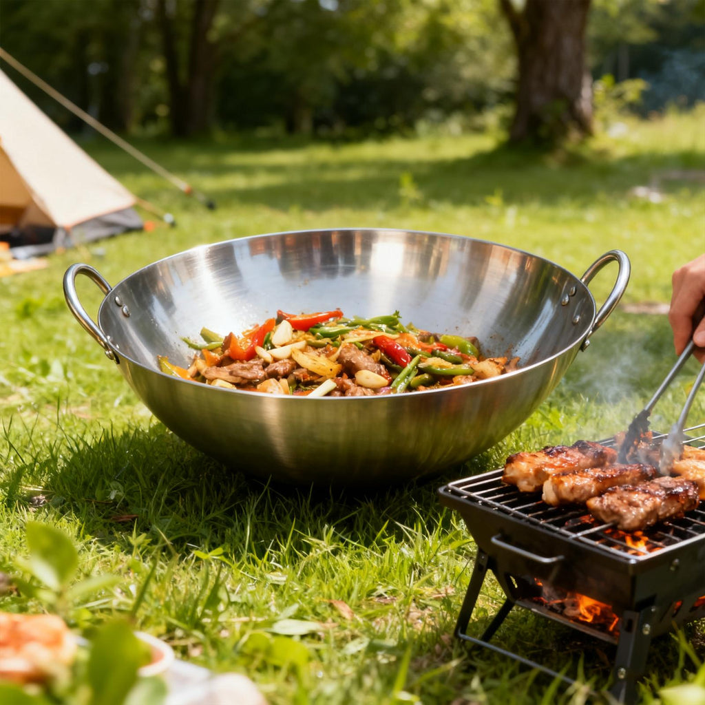 18-31.5 Inch Heavy Hand Hammered Iron Wok(Round Bottom) Kitchen Heavy Duty Wok Frying Pot Old-fashioned Double-handled Wok, Uncoated Non-stick Panfor Gas Stove Large Capacity Pan Convenient Kitchen Utensil for Home Cooking