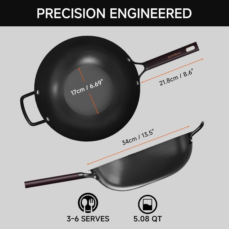 13.5 inch Carbon Steel Wok Pan | Pre-Seasoned Flat Bottom Woks Stir-fry Pans Cookware with Lid and Spatula - Pan-fry, Stir Fry, Steam, BBQ Camping - Compatible with Induction, Gas