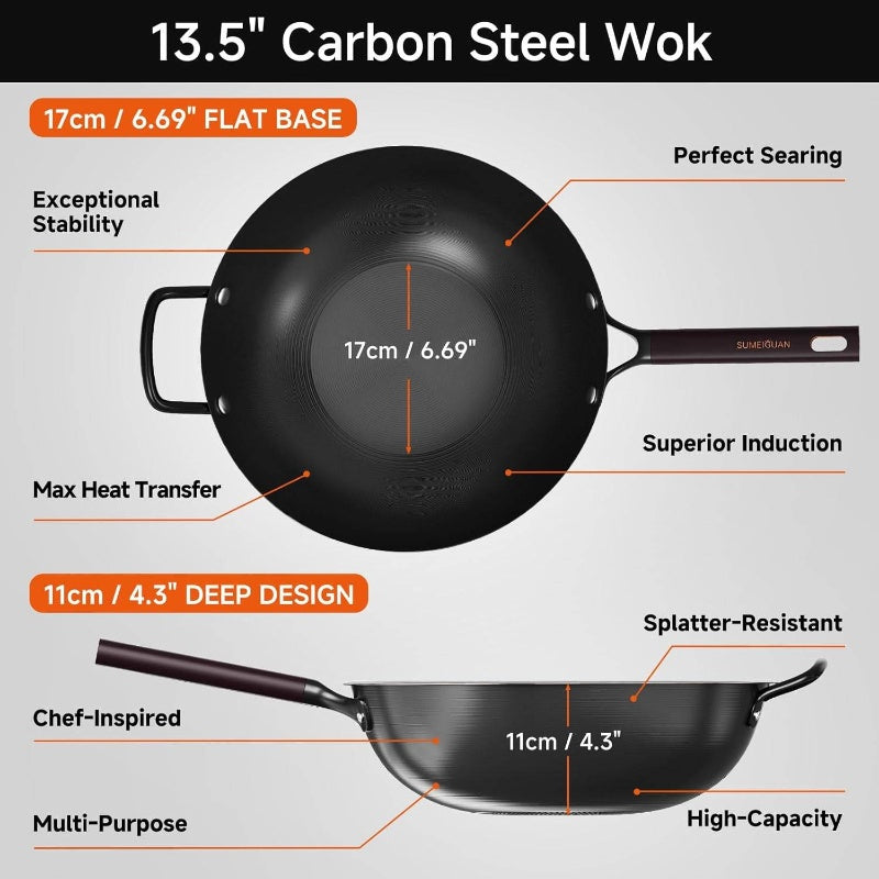 13.5 inch Carbon Steel Wok Pan | Pre-Seasoned Flat Bottom Woks Stir-fry Pans Cookware with Lid and Spatula - Pan-fry, Stir Fry, Steam, BBQ Camping - Compatible with Induction, Gas