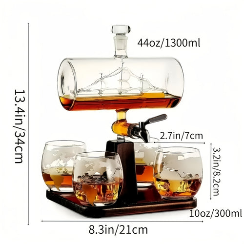1 Set, Sailboat Glass Decanter+4 Cups+wooden Frame, Whiskey And Wine Decanter, Wine Dispenser, Unique Birthday Gift, Ideal Gift for Boyfriend, Dad And Wife, Valentine's Day Gift, Cold Drink Machine for Home Bar, Party Supplies