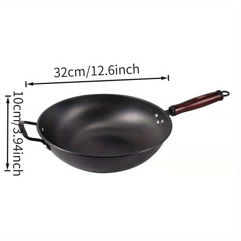 12.6-Inch Fine Iron Wok, Genuine Stainless Steel Without Coating, with High-Quality Wooden Handle, Comfortable to Hold, Heat-Resistant And Anti-Slip, Suitable for Gas Stove, Ideal for Outdoor Cooking, Kitchen And Dining Room Use