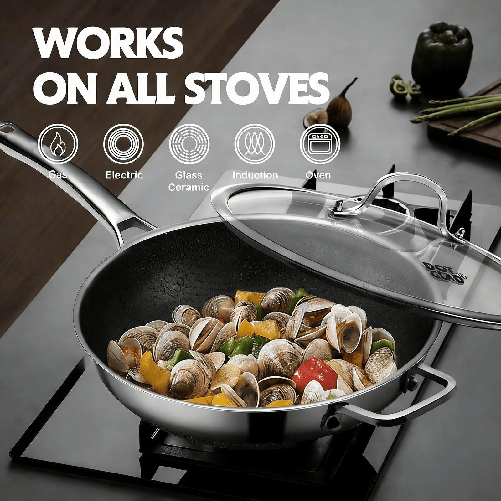 12 Inch Hybrid Stainless Steel Wok with Lid - Nonstick, PFOA Free Cookware Compatible with Induction Cooktops, Dishwasher and Oven Safe for Versatile Stir-Fry Cooking