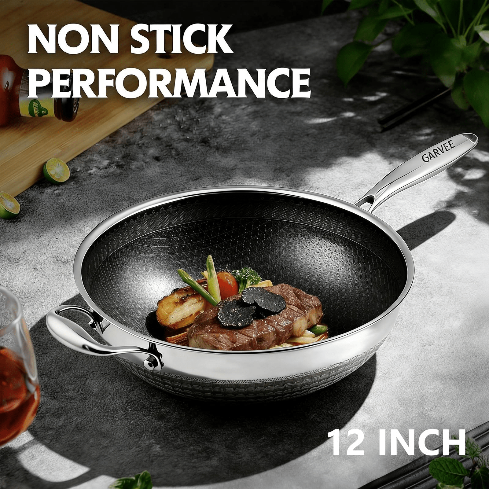 12 Inch Hybrid Stainless Steel Wok with Lid - Nonstick, PFOA Free Cookware Compatible with Induction Cooktops, Dishwasher and Oven Safe for Versatile Stir-Fry Cooking