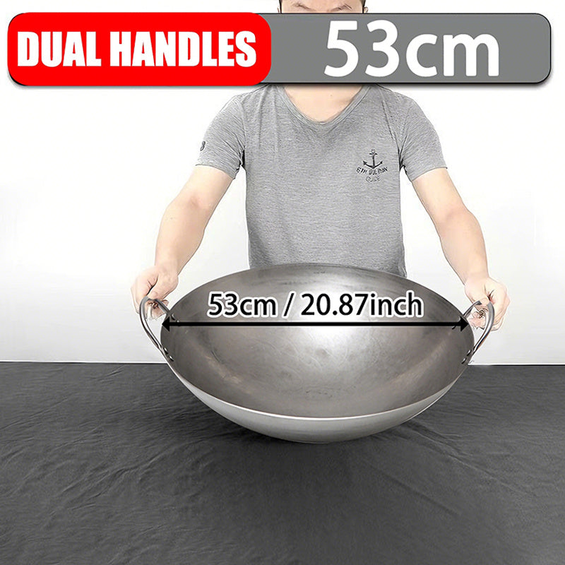18-31.5 Inch Heavy Hand Hammered Iron Wok(Round Bottom) Kitchen Heavy Duty Wok Frying Pot Old-fashioned Double-handled Wok, Uncoated Non-stick Panfor Gas Stove Large Capacity Pan Convenient Kitchen Utensil for Home Cooking