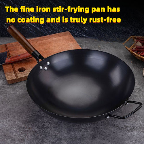12.6-Inch Fine Iron Wok, Genuine Stainless Steel Without Coating, with High-Quality Wooden Handle, Comfortable to Hold, Heat-Resistant And Anti-Slip, Suitable for Gas Stove, Ideal for Outdoor Cooking, Kitchen And Dining Room Use