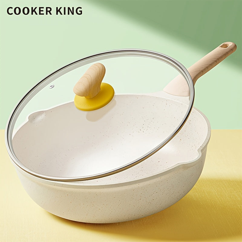 COOKER KING, 1pc Non-Stick Wok Pan, with Glass Lid, Non-Toxic, PFOA-Free, Heat-Resistant Handle, Ceramic-Coated Exterior, Five Times Wear-Resistant, Induction Ready, Compatible with All Cooktops