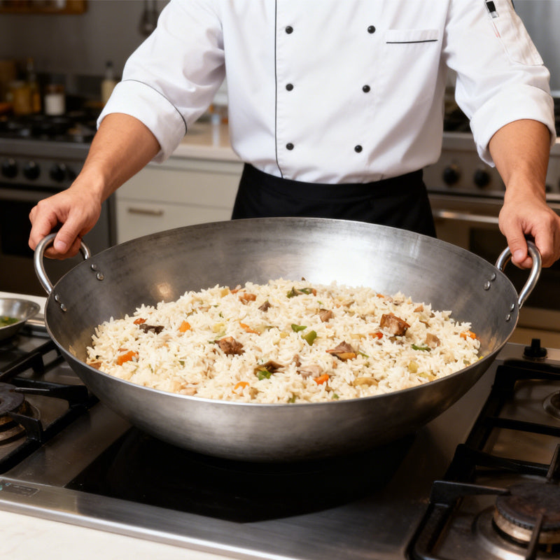 18-31.5 Inch Heavy Hand Hammered Iron Wok(Round Bottom) Kitchen Heavy Duty Wok Frying Pot Old-fashioned Double-handled Wok, Uncoated Non-stick Panfor Gas Stove Large Capacity Pan Convenient Kitchen Utensil for Home Cooking