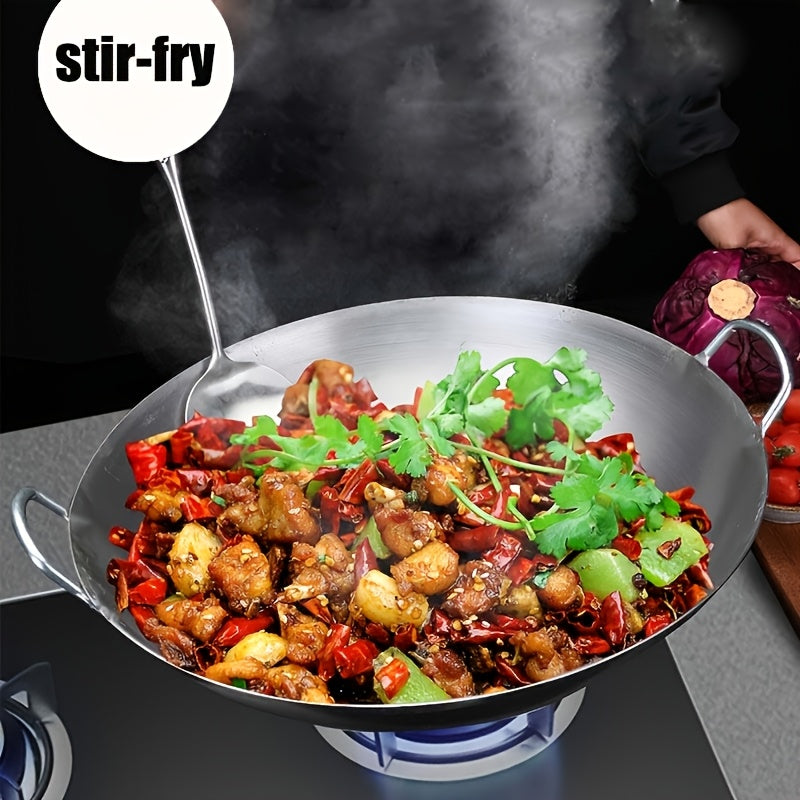 18-31.5 Inch Heavy Hand Hammered Iron Wok(Round Bottom) Kitchen Heavy Duty Wok Frying Pot Old-fashioned Double-handled Wok, Uncoated Non-stick Panfor Gas Stove Large Capacity Pan Convenient Kitchen Utensil for Home Cooking