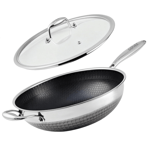 12 Inch Hybrid Stainless Steel Wok with Lid - Nonstick, PFOA Free Cookware Compatible with Induction Cooktops, Dishwasher and Oven Safe for Versatile Stir-Fry Cooking