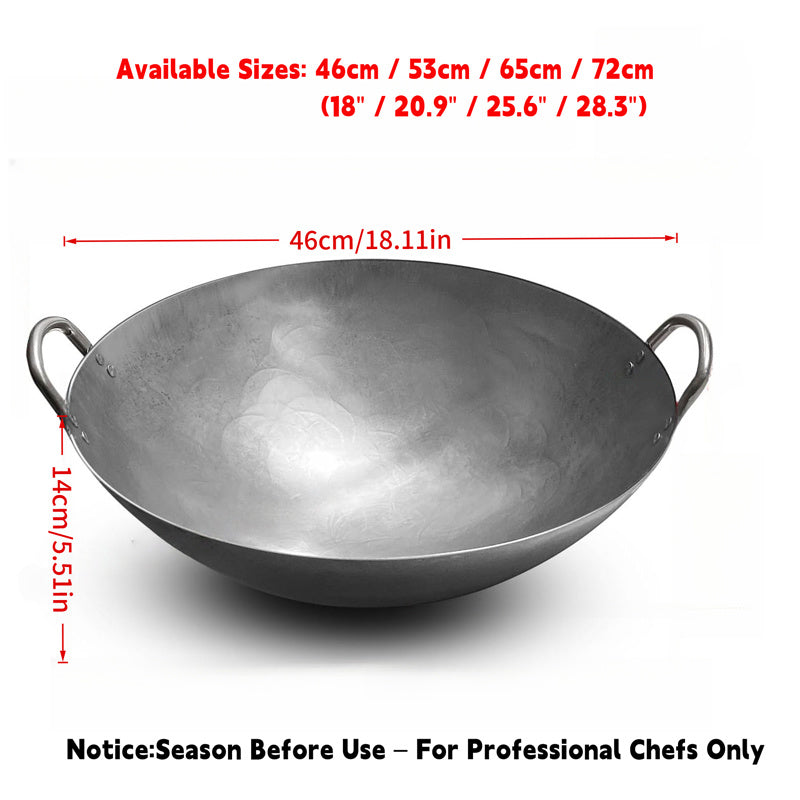 18-31.5 Inch Heavy Hand Hammered Iron Wok(Round Bottom) Kitchen Heavy Duty Wok Frying Pot Old-fashioned Double-handled Wok, Uncoated Non-stick Panfor Gas Stove Large Capacity Pan Convenient Kitchen Utensil for Home Cooking