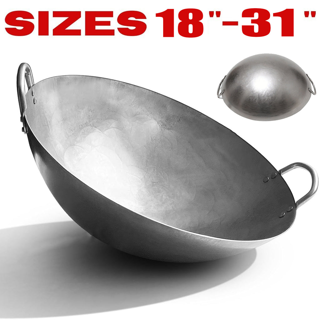 18-31.5 Inch Heavy Hand Hammered Iron Wok(Round Bottom) Kitchen Heavy Duty Wok Frying Pot Old-fashioned Double-handled Wok, Uncoated Non-stick Panfor Gas Stove Large Capacity Pan Convenient Kitchen Utensil for Home Cooking