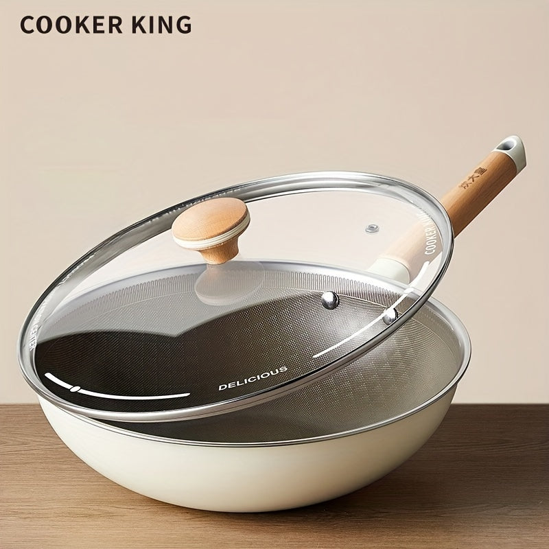 COOKER KING Non-Stick Wok Pan, Titanium Coating, Healthy Stir Fry Pan Free from Chemical Coatings, Multi-Layer Aluminum Alloy and Stainless Steel, Non-Toxic, Comes with Lid, Single Piece