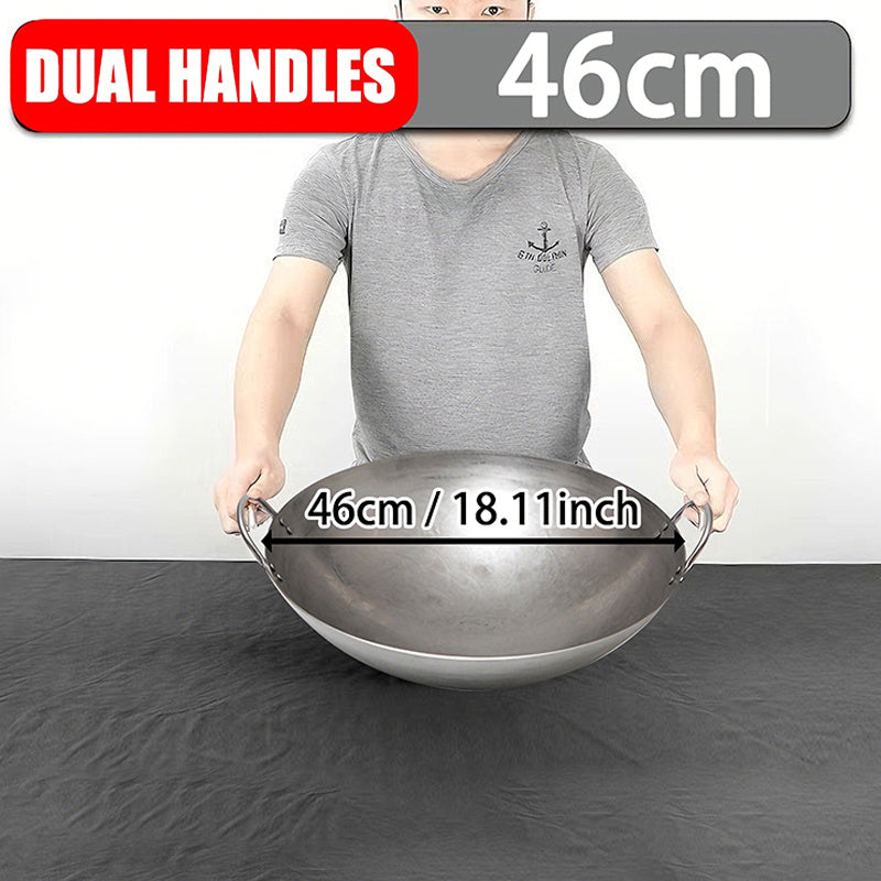 18-31.5 Inch Heavy Hand Hammered Iron Wok(Round Bottom) Kitchen Heavy Duty Wok Frying Pot Old-fashioned Double-handled Wok, Uncoated Non-stick Panfor Gas Stove Large Capacity Pan Convenient Kitchen Utensil for Home Cooking