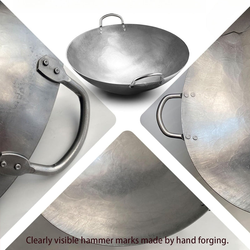 18-31.5 Inch Heavy Hand Hammered Iron Wok(Round Bottom) Kitchen Heavy Duty Wok Frying Pot Old-fashioned Double-handled Wok, Uncoated Non-stick Panfor Gas Stove Large Capacity Pan Convenient Kitchen Utensil for Home Cooking