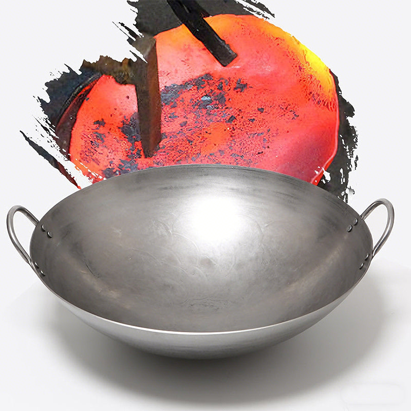 18-31.5 Inch Heavy Hand Hammered Iron Wok(Round Bottom) Kitchen Heavy Duty Wok Frying Pot Old-fashioned Double-handled Wok, Uncoated Non-stick Panfor Gas Stove Large Capacity Pan Convenient Kitchen Utensil for Home Cooking